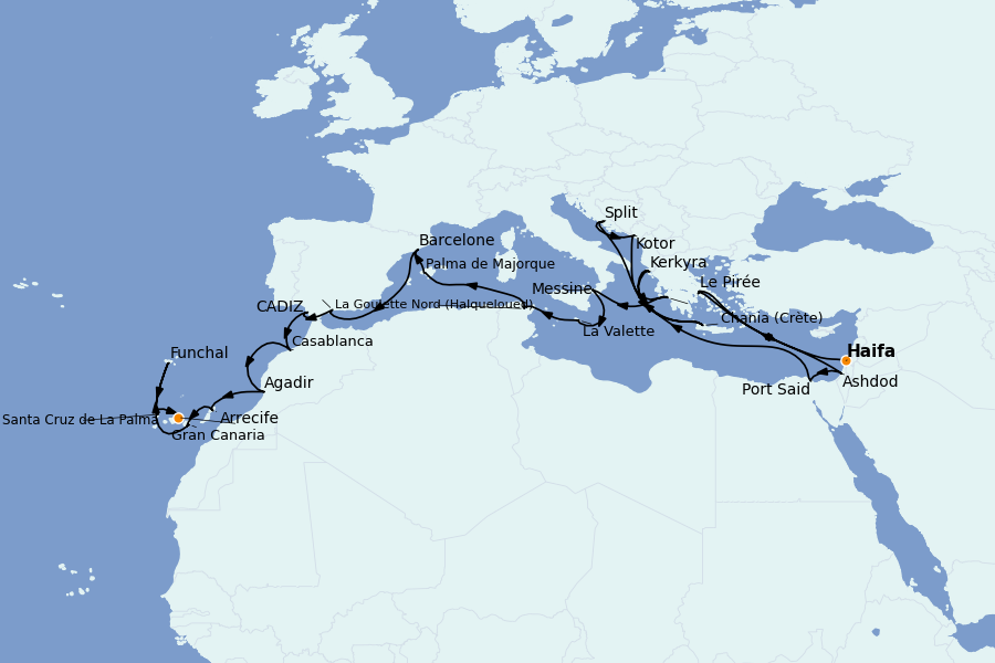 Itinéraire de la croisière Méditerranée 21 jours à bord du Marina