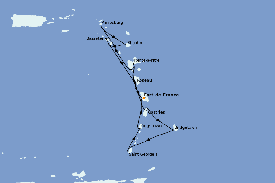 Itinéraire de la croisière Caraïbes de l'Est (Antilles) 14 jours à bord du MSC Seaview