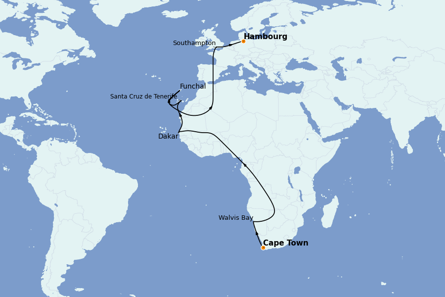 Itinéraire de la croisière Afrique 20 jours à bord du Queen Anne