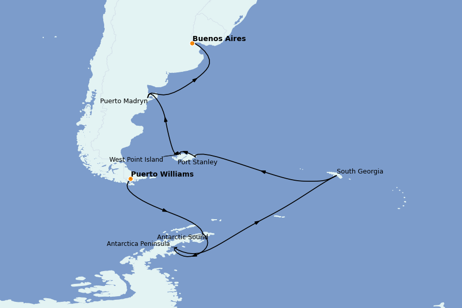 Itinéraire de la croisière Brésil, Argentine, Uruguay 21 jours à bord du Silver Endeavour