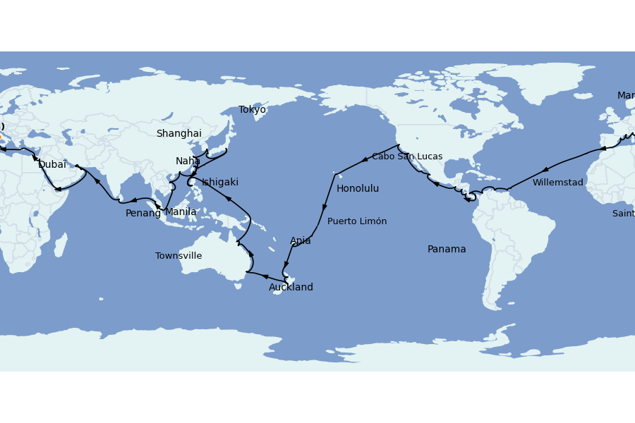 Itinéraire de la croisière TOUR DU MONDE 118 jours à bord du MSC Magnifica