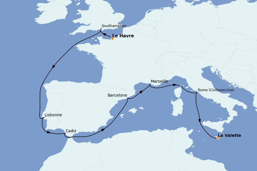 Itinéraire de la croisière Méditerranée Occidentale 11 jours à bord du MSC Poesia