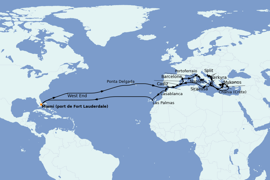 Itinéraire de la croisière Méditerranée Occidentale 50 jours à bord du Island Princess