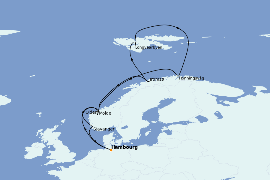 Itinéraire de la croisière Fjords Norvégiens et Scandinavie 14 jours à bord du MSC Preziosa