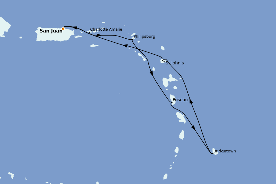Itinéraire de la croisière Caraïbes de l'Est 7 jours à bord du Grand Princess