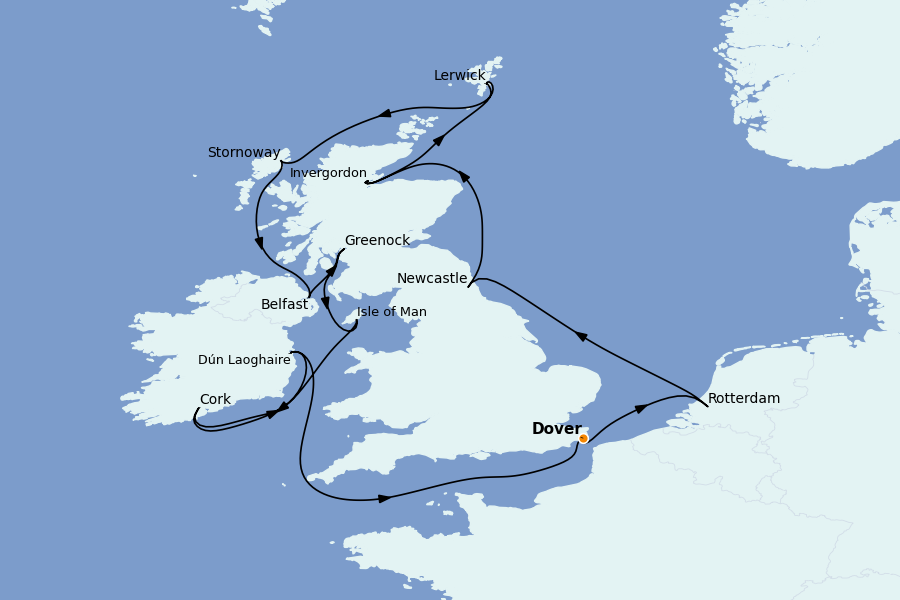 Itinéraire de la croisière Îles Britanniques 14 jours à bord du Ms Nieuw Statendam