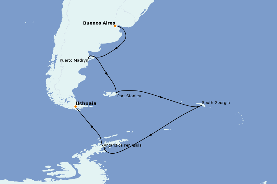 Itinéraire de la croisière SUD : Antarctique, Ushuaia , Patagonie, Terre de Feu, Cap horn 18 jours à bord du Le Boréal