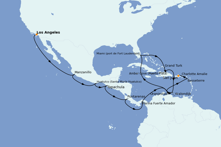 Itinéraire de la croisière Caraïbes de l'Est (Antilles) 27 jours à bord du Grand Princess