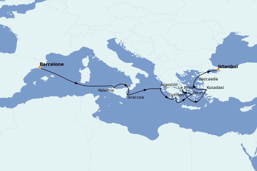 Itinéraire de la croisière Méditerranée Occidentale 10 jours à bord du Sirena