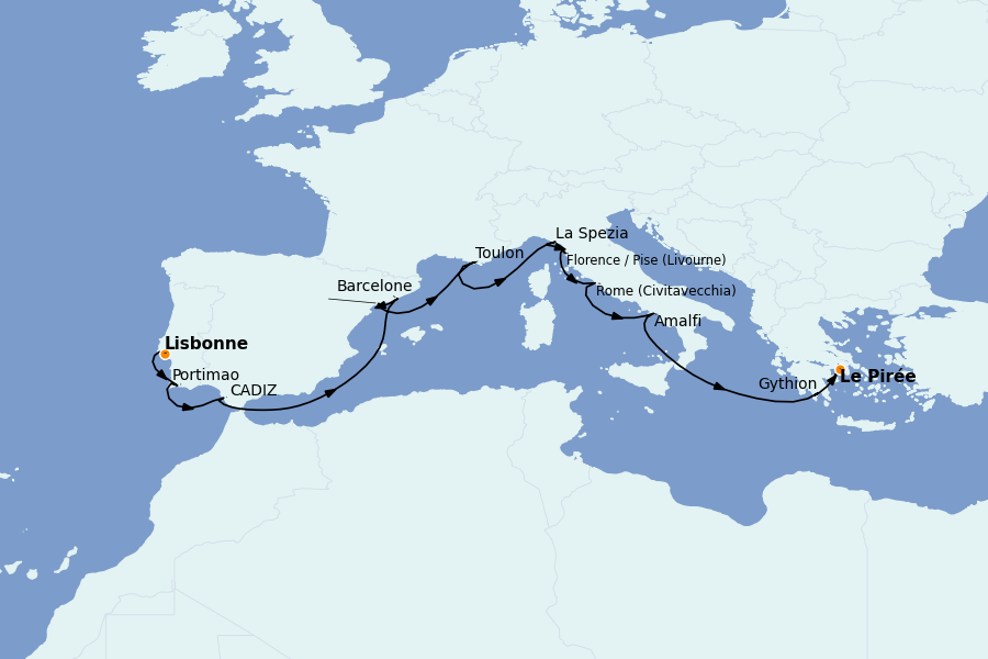 Itinéraire de la croisière Méditerranée Occidentale 11 jours à bord du Regatta