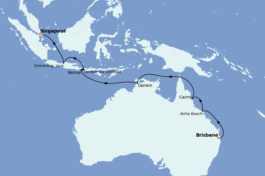 Itinéraire de la croisière Thaïlande, (Bali) Indonésie, Malaisie, Singapour, Vietnam, Birmanie, Philippines 18 jours à bord du Silver Dawn