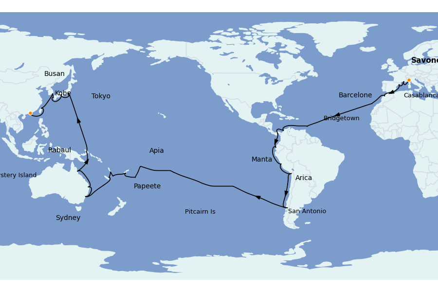 Itinéraire de la croisière TOUR DU MONDE 84 jours à bord du Costa Deliziosa