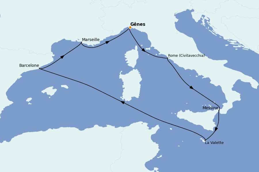 Itinéraire de la croisière Méditerranée Occidentale 7 jours à bord du MSC World Asia