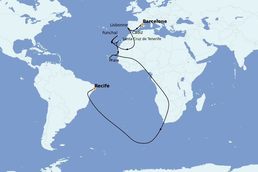 Itinéraire de la croisière Transatlantiques et Grands Voyages 2025 14 jours à bord du Costa Favolosa