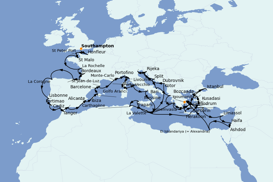 Itinéraire de la croisière Méditerranée Occidentale 82 jours à bord du Seven Seas Mariner