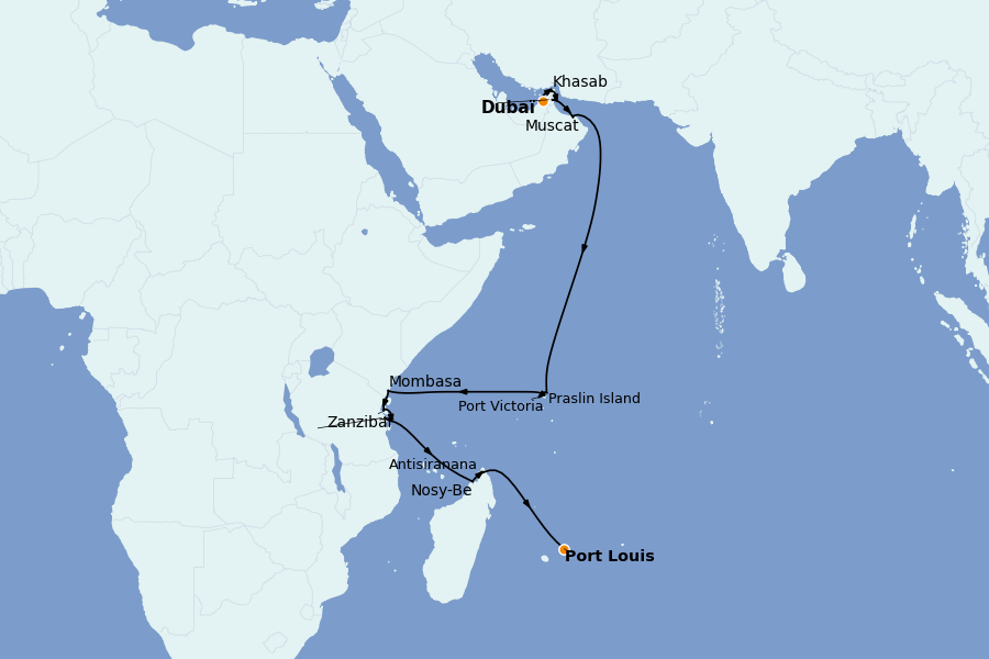 Itinéraire de la croisière Maurice, Réunion, Seychelles, Madagascar 20 jours à bord du Seven Seas Voyager
