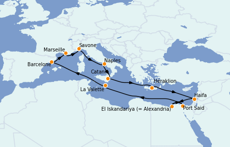 Itinéraire de la croisière Méditerranée 14 jours à bord du Costa Diadema