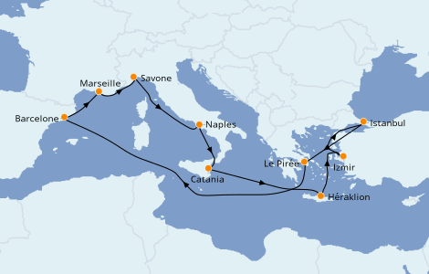 Itinéraire de la croisière Méditerranée 14 jours à bord du Costa Diadema
