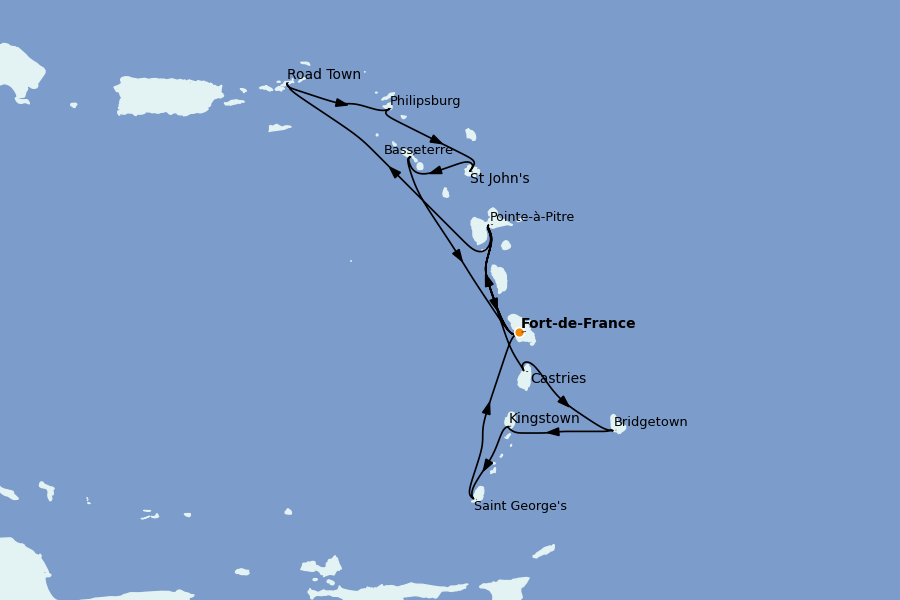 Itinéraire de la croisière Caraïbes de l'Est (Antilles) 14 jours à bord du MSC Virtuosa