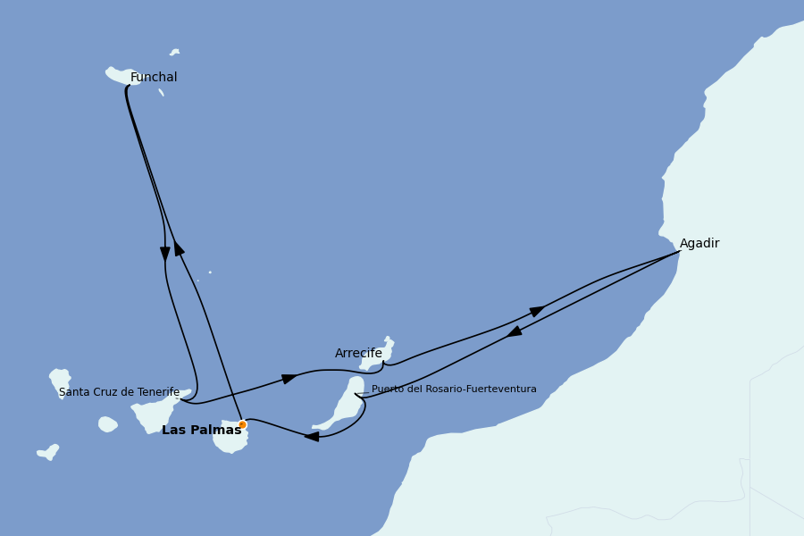 Itinéraire de la croisière Îles Canaries 7 jours à bord du Costa Fortuna