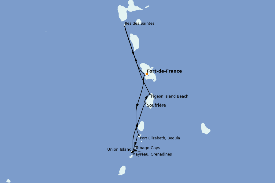 Itinéraire de la croisière Caraïbes de l'Est (Antilles) 8 jours à bord du Le Bellot