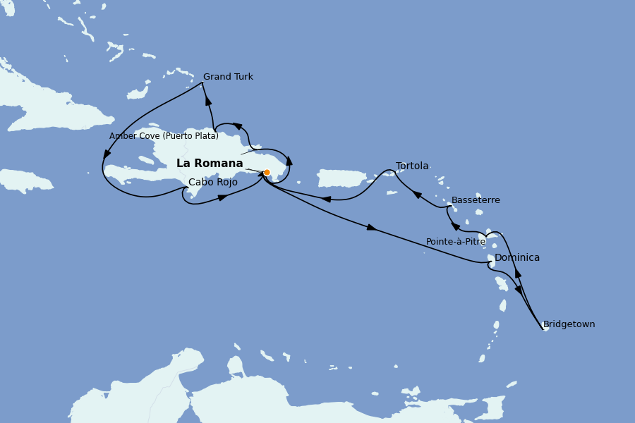 Itinéraire de la croisière Caraïbes de l'Est 14 jours à bord du Costa Pacifica