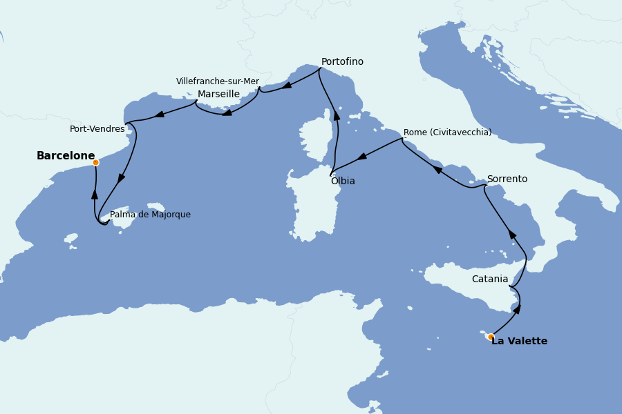 Itinéraire de la croisière Méditerranée Occidentale 10 jours à bord du Sirena