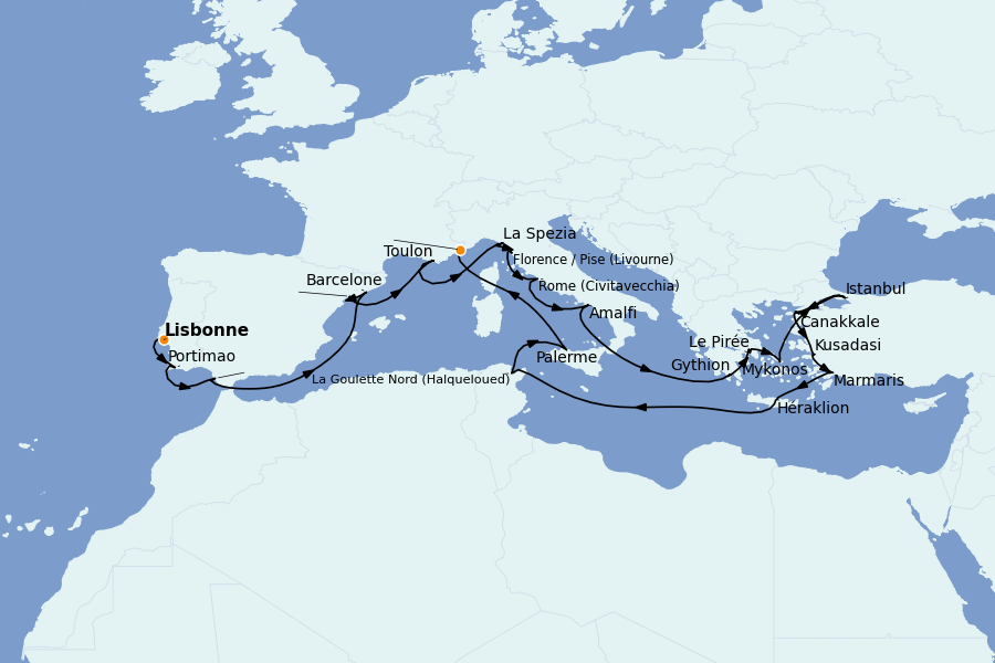 Itinerario del crucero Mediterráneo Occidental 23 días a bordo del Regatta