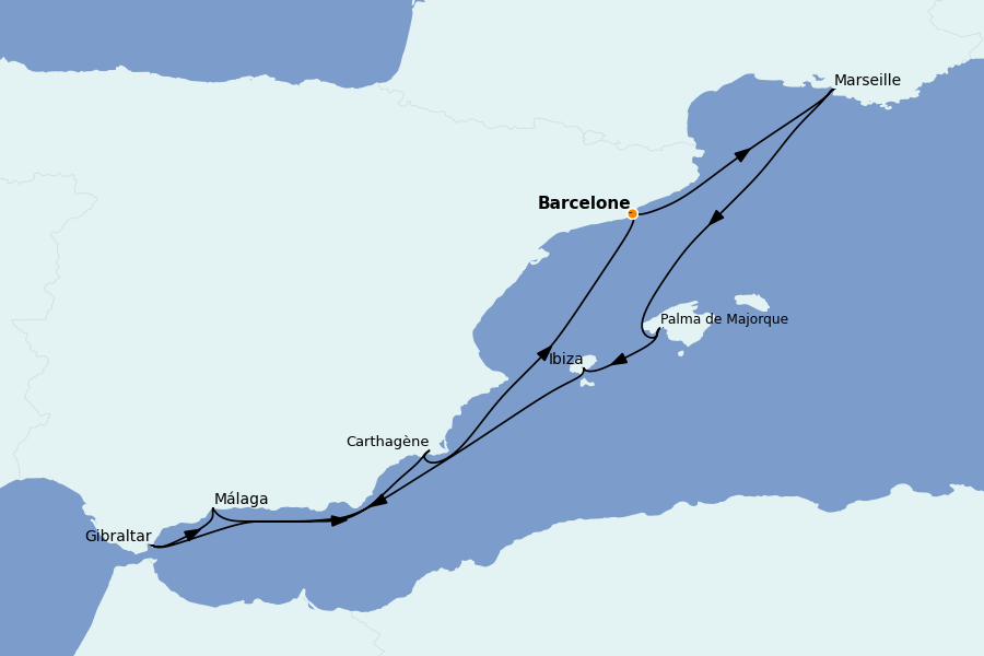 Itinéraire de la croisière Méditerranée Occidentale 11 jours à bord du Silver Ray