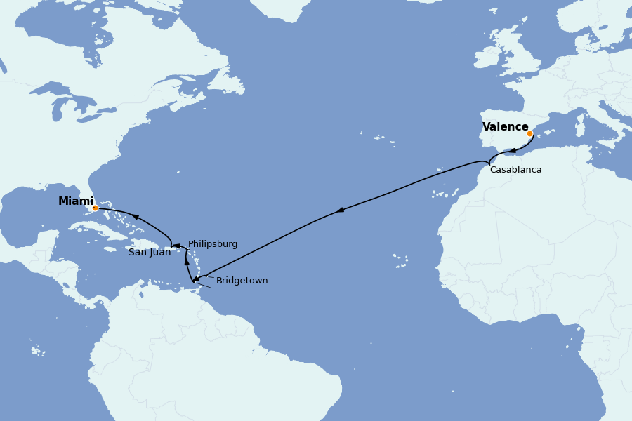 Itinéraire de la croisière TRANSATLANTIQUES ET GRANDS VOYAGES 18 jours à bord du MSC Seaside