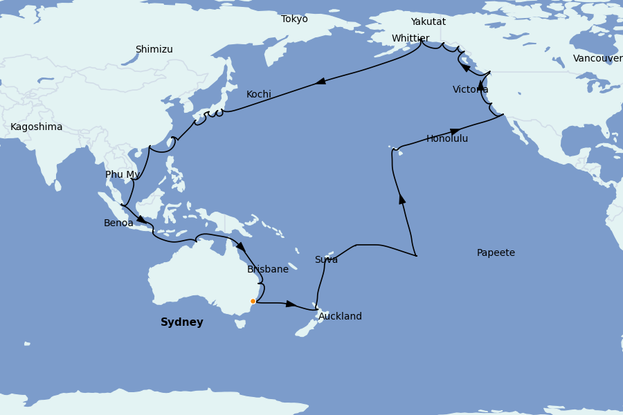 Itinerario del crucero TRASATLÁNTICOS 79 días a bordo del Grand Princess
