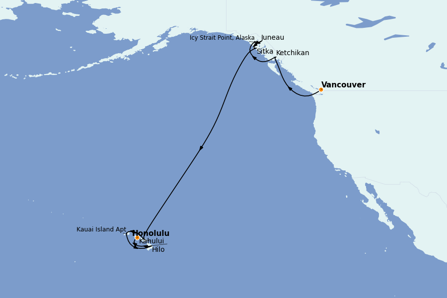 Itinéraire de la croisière Alaska, Canada et Glacières 16 jours à bord du Norwegian Spirit