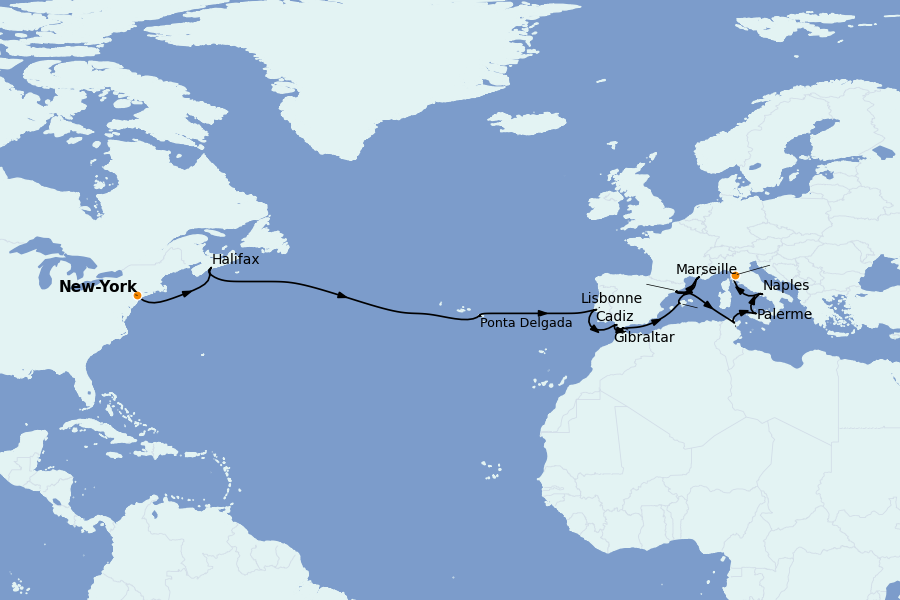 Itinéraire de la croisière TRANSATLANTIQUES ET GRANDS VOYAGES 21 jours à bord du MSC Meraviglia