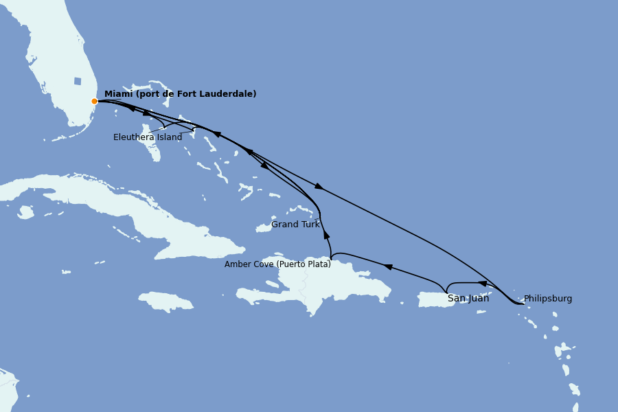 Itinéraire de la croisière Caraïbes de l'Est (Antilles) 14 jours à bord du Regal Princess