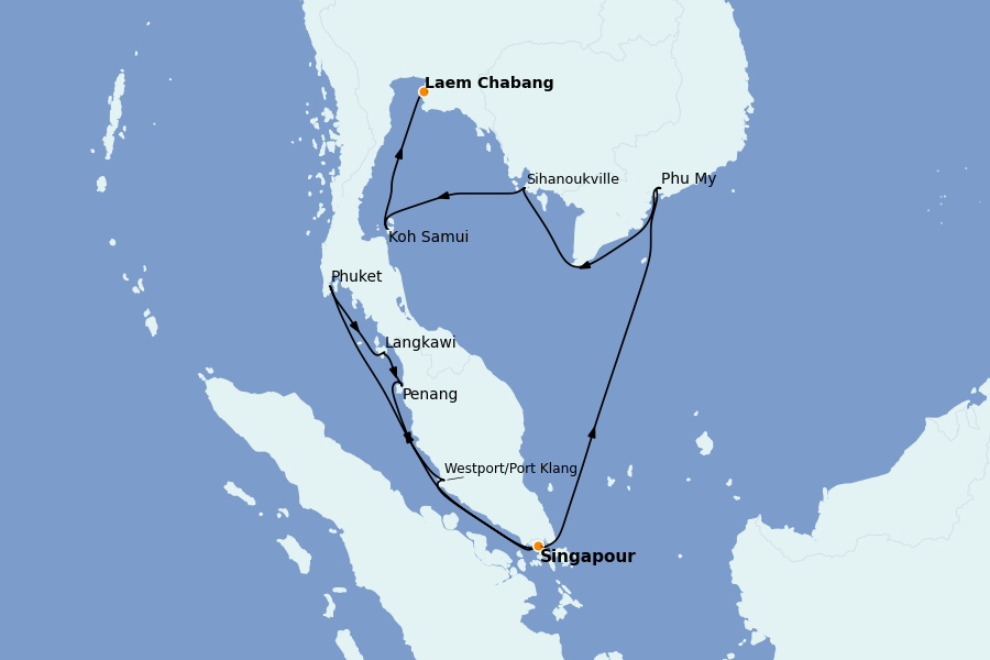 Itinéraire de la croisière Thaïlande, (Bali) Indonésie, Malaisie, Singapour, Vietnam, Birmanie, Philippines 13 jours à bord du Norwegian Sun