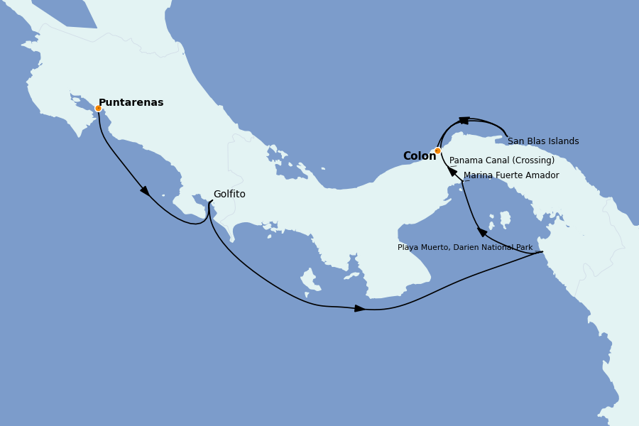 Itinéraire de la croisière Canal de Panama 7 jours à bord du Le Dumont d'Urville