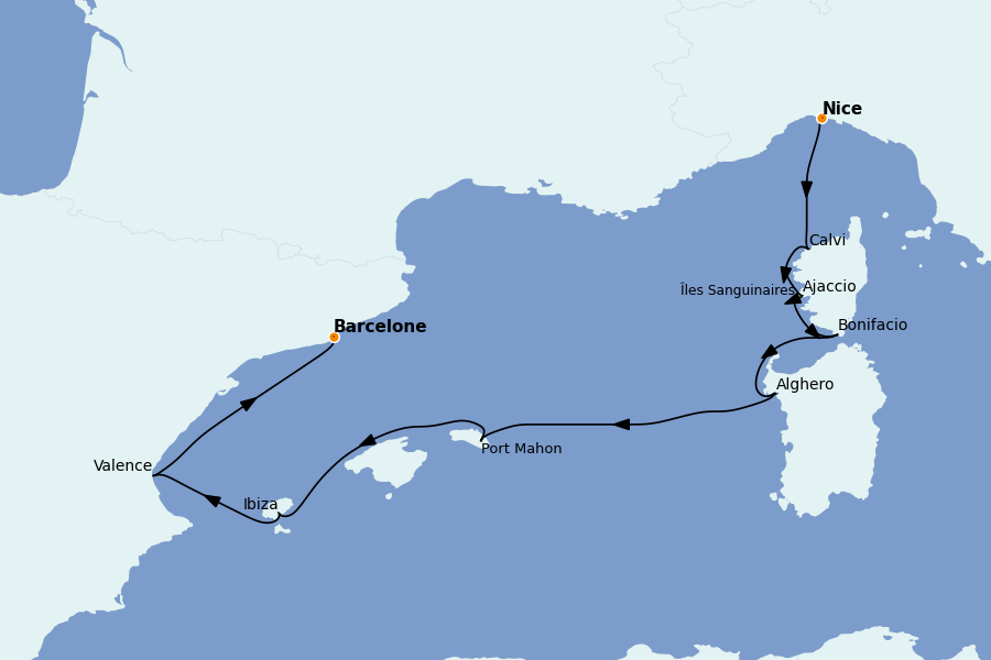 Itinéraire de la croisière Méditerranée Occidentale 8 jours à bord du Le Dumont d'Urville