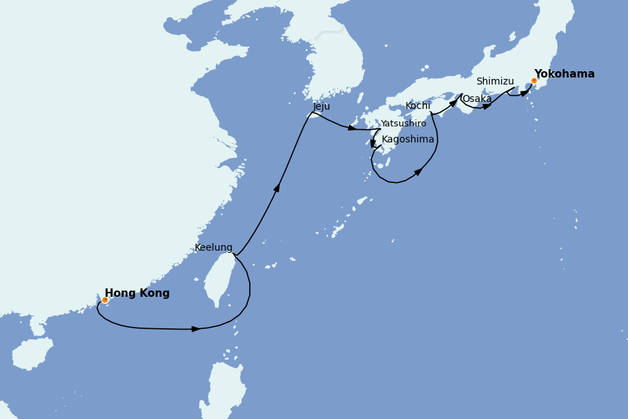 Itinéraire de la croisière Chine, Japon, Hong Kong, Taïwan, Corée du Sud 11 jours à bord du Coral Princess