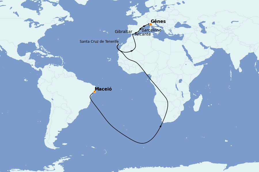 Itinéraire de la croisière TRANSATLANTIQUES ET GRANDS VOYAGES 13 jours à bord du MSC Seaview