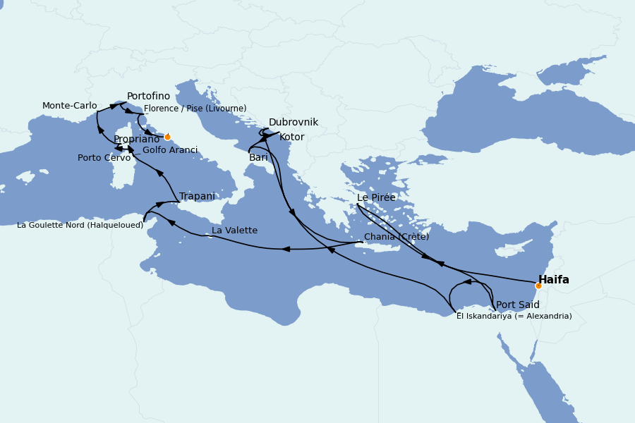 Itinéraire de la croisière Méditerranée 14 jours à bord du Nautica