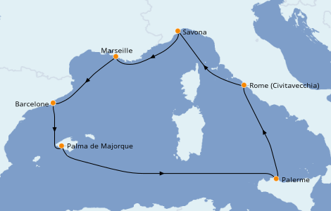 Itinéraire de la croisière Méditerranée 7 jours à bord du Costa Smeralda