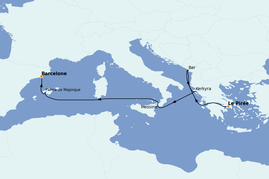 Itinéraire de la croisière Méditerranée Occidentale 7 jours à bord du Sun Princess