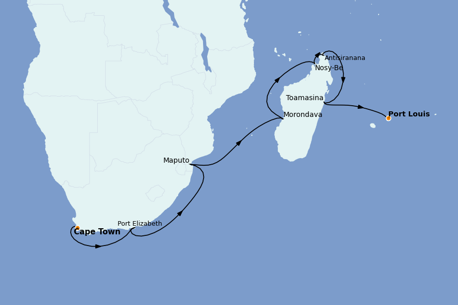Itinerario del crucero OCÉANO ÍNDICO - ÁFRICA 16 días a bordo del Seven Seas Voyager