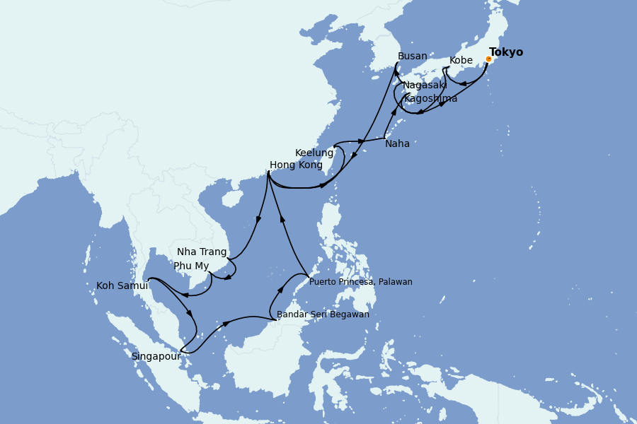 Itinéraire de la croisière Chine, Japon, Hong Kong, Taïwan, Corée du Sud 28 jours à bord du Costa Serena