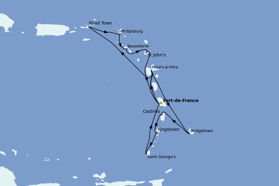 Itinéraire de la croisière Caraïbes de l'Est (Antilles) 14 jours à bord du MSC Virtuosa
