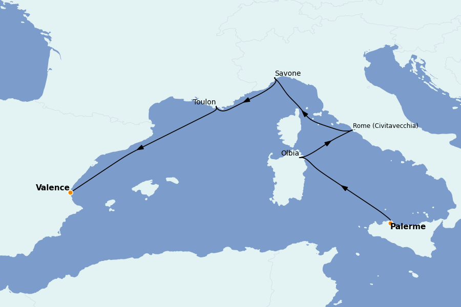 Itinéraire de la croisière Méditerranée Occidentale 5 jours à bord du Costa Pacifica