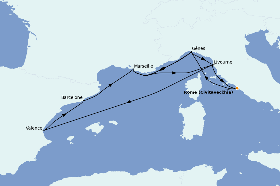 Itinéraire de la croisière Méditerranée Occidentale 10 jours à bord du MSC Orchestra