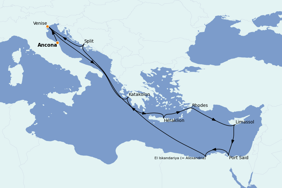 Itinéraire de la croisière Mer Rouge - Egypte 12 jours à bord du MSC Lirica