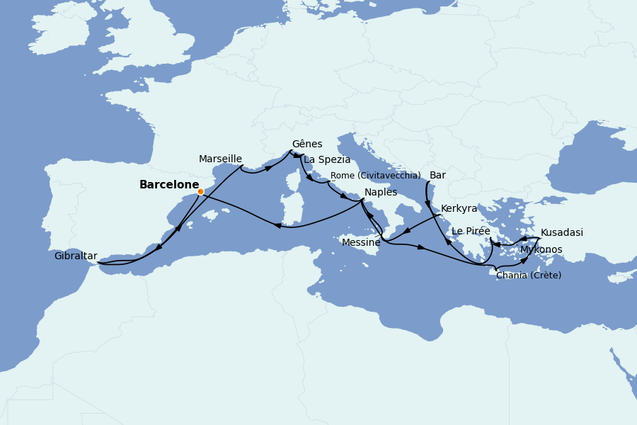 Itinéraire de la croisière Méditerranée Occidentale 21 jours à bord du Sun Princess