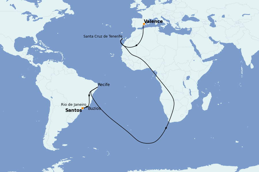 Itinéraire de la croisière TRANSATLANTIQUES ET GRANDS VOYAGES 14 jours à bord du MSC Lirica
